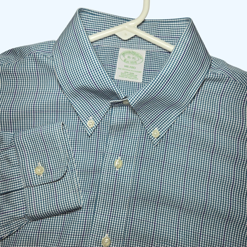 Brooks Brothers Milano Dress Shirt Mens 16-35 Green Blue Purple Gingham Check
